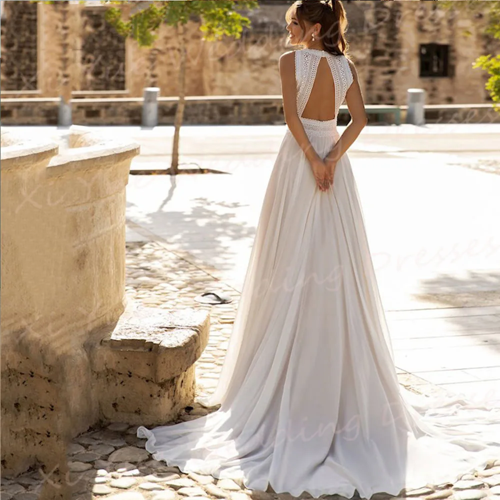 Vestidos de Novia bohemios con cuello redondo y espalda descubierta, Vestidos de Novia de gasa sin mangas de encaje modernos, Vestidos de Novia hechos A medida