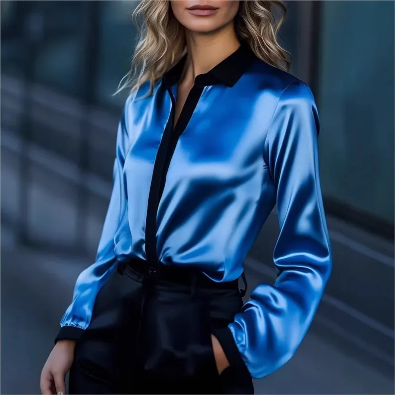 

Boho Satin Blouses Women's Spring Summar New Fashion Colorblock Long-sleeved Top Cffice Lady Shirts For Women Casual Clothing