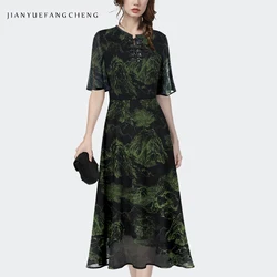 Womens Summer Green Printed Dress Chiffon Long Dress Short Sleeve Crew-neck High Waisted A-line Vintage Female Art Maxi Dresses