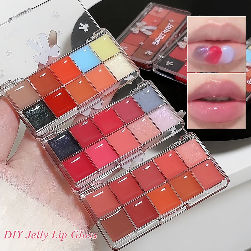 10-Toned Jelly Lip Gloss Palette Mirror Water Light Moisturizing Transparent Red Purple Tinted Plump DIY Lipstick Plate Makeup