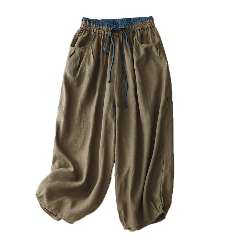 Solto tamanho grande calças harém femininas algodão linho cintura alta nove pontos lanterna calças casuais marca tag removido