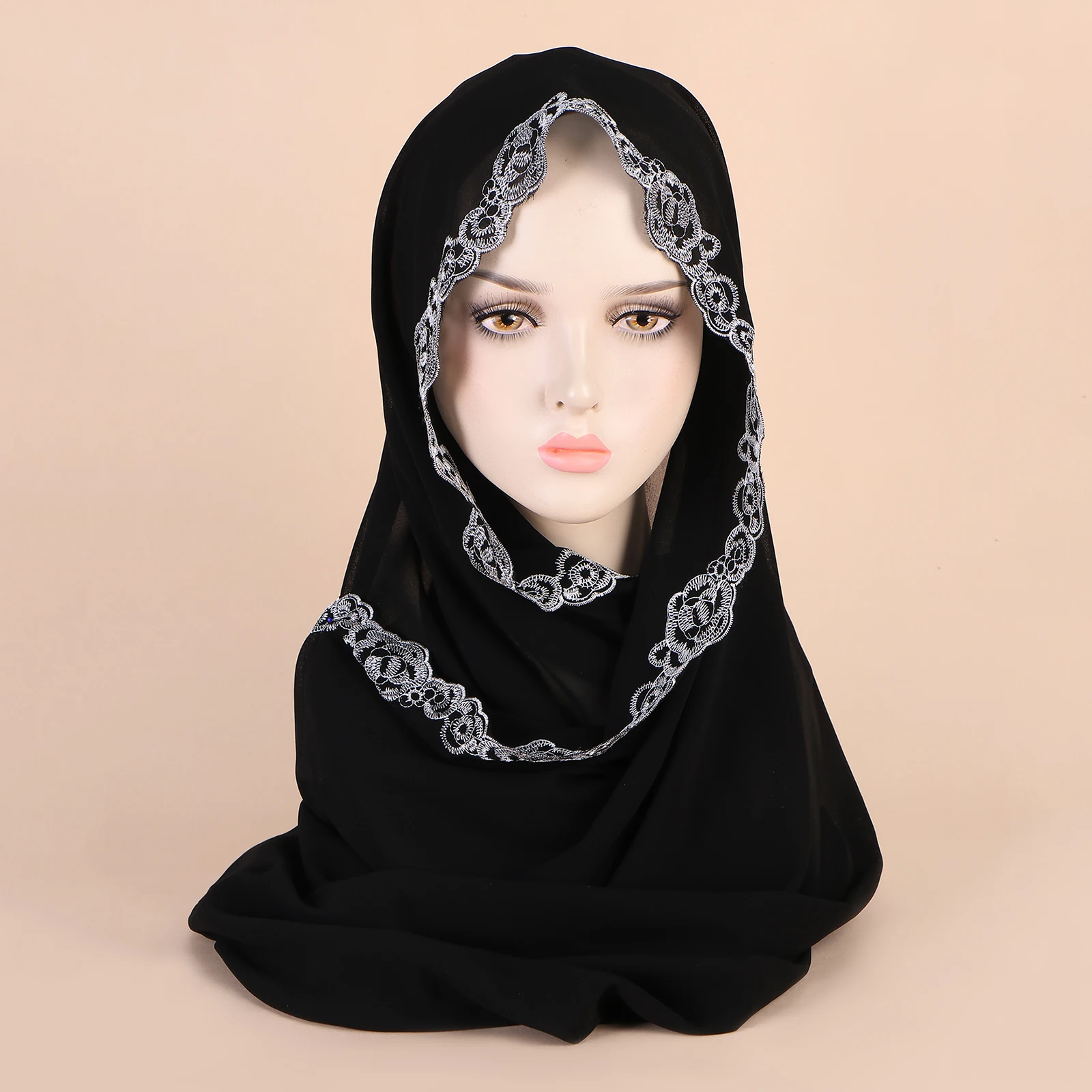 Popular Embroidered Scarf Muslim Headband Solid Chiffon Versatile Hijab Women\'s