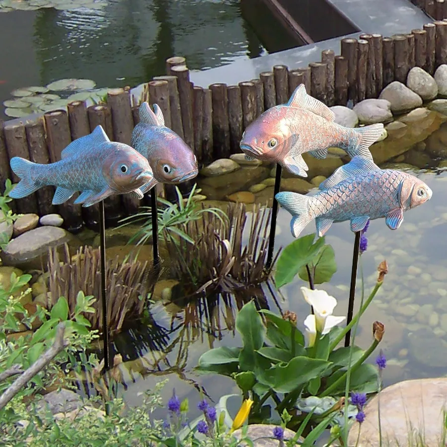 

4PCS Antique Bronze Koi Fish Garden Statue Outdoor Decor 10.55Inch Glow in the Dark Night Lighting Feature