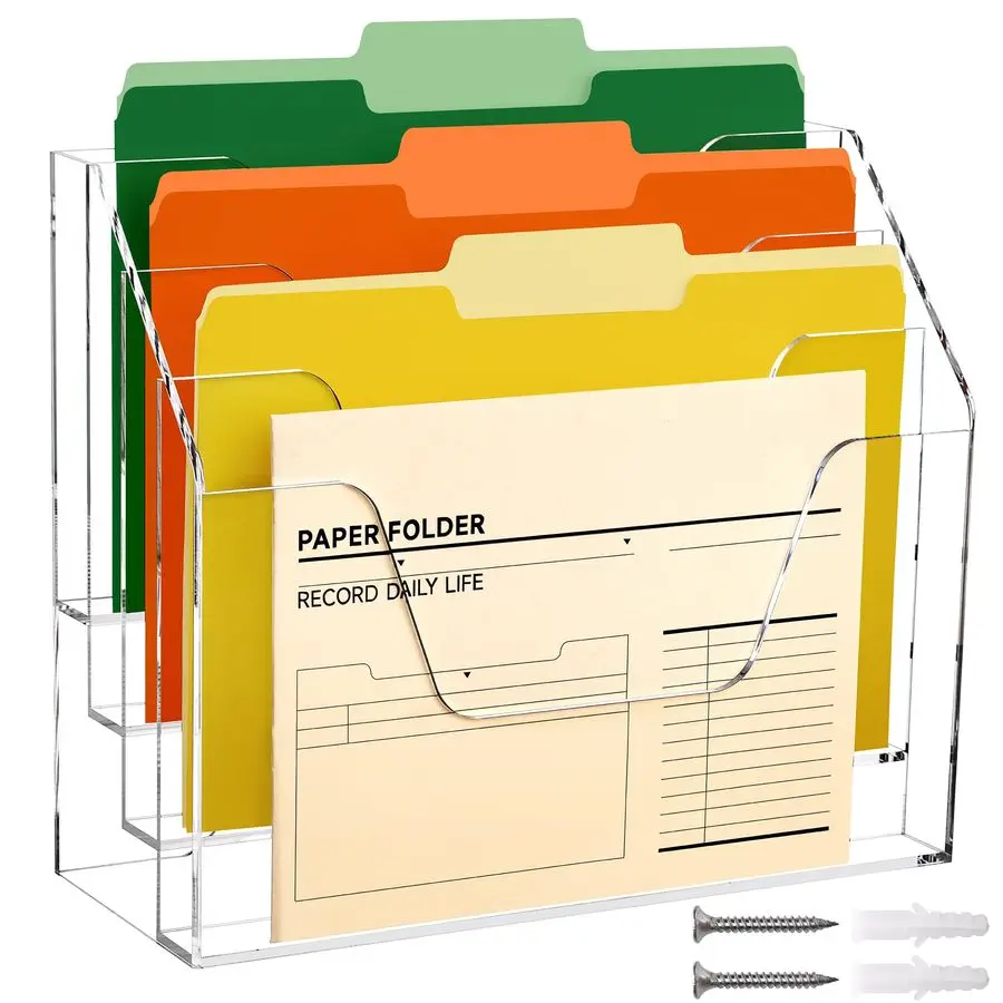 

Acrylic Desk File Mail Organizer Wall Mounted, 4Tier Hanging File Folder Holder, Clear Office Magazine Rack Adhesive Hooks x 2