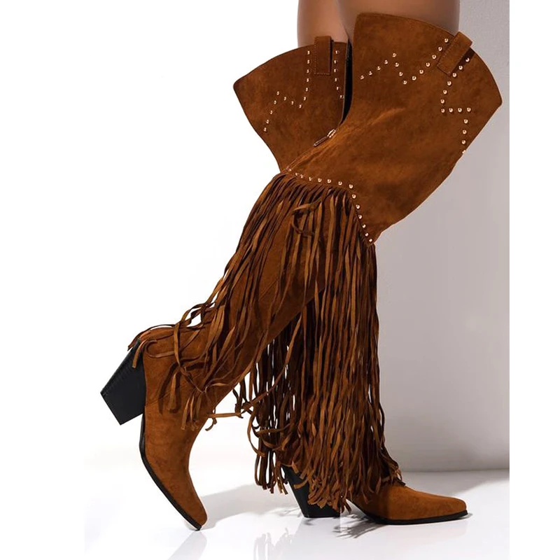 Rivets Studs Long Tassel Brown Over The Knee Boots Women Chunky Heels Pointed Toe Fringed High Thigh Botas