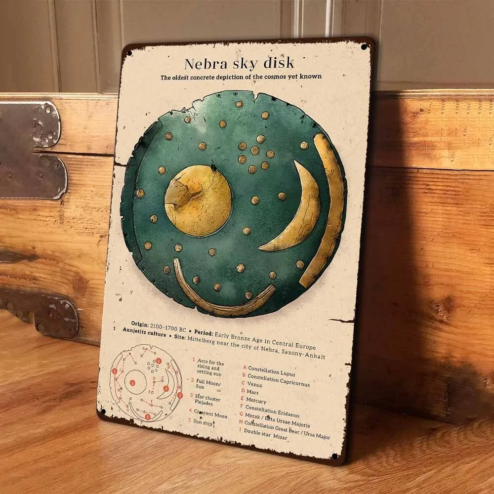 Nebra Sky Disk Wall Art, Retro Astronomy Decor, Aluminum Plaque 20.32x30.48 cm Gift for History Lovers