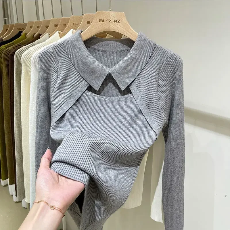 Women\'s Blouse Fake 2 Piece Knit Bottoming Shirt Autumn Female Chic Hollow Out Lapel Tops Solid Color Full Sleeve Basic Blouses