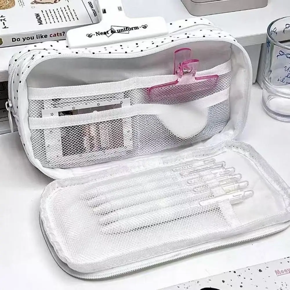 다기능 블랙 폴카 도트 펜 가방 다층 휴대용 편지지 파우치 대용량 펜 상자 학생 선물