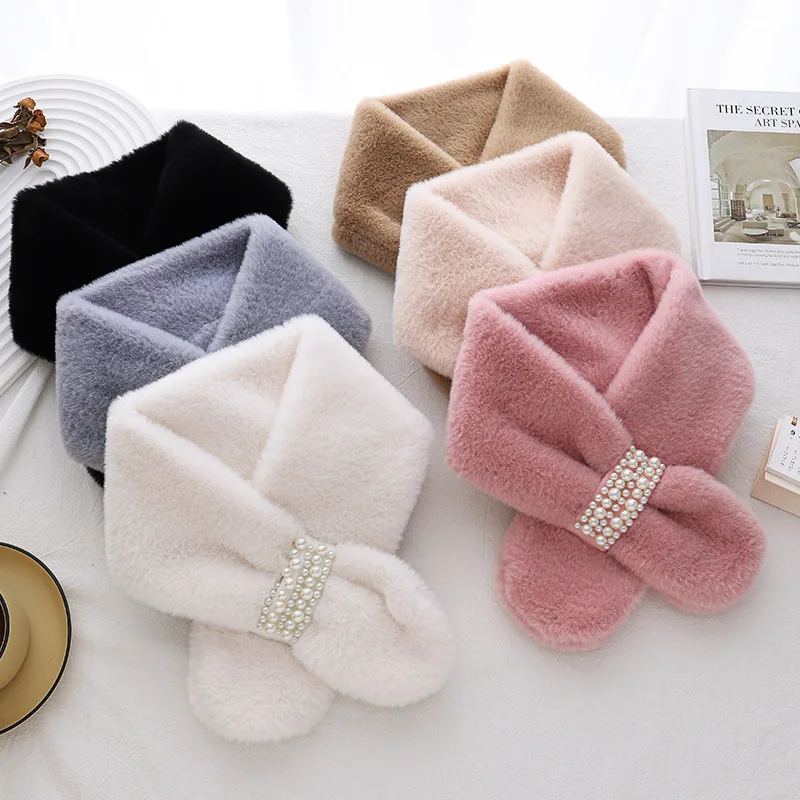 Pearl Scarf Winter Imitation Otter Hair Scarf Women\'s Fashion Versatile Korean Cute Fluff Thickened Warm Cross Scarf