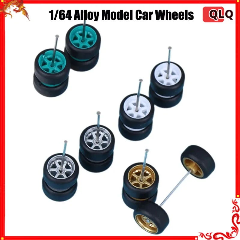 1Set 1/64 Alloy Model Car Staggered Wheels Small Large 14mm 5.5mm Progressive Drag Rims Rubber Tires for 1:64 HW TOMICA Cars ﻿