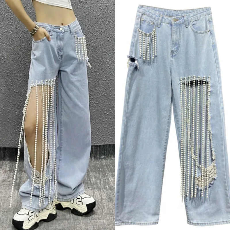 

Butterfly Embroidered Denim Pants Blocked Women Korea Trend Ins Retro Loose Tassels Cotton Hollow Out Unisex Wide Leg Pants New