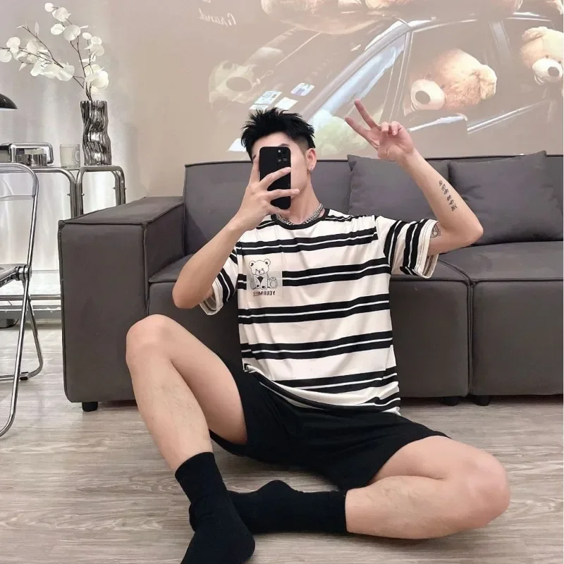 الرجال منامة الصيف قصيرة الأكمام السراويل في سن المراهقة موضة حجم كبير س الرقبة مخطط البلوز ملابس خاصة المتسكعون 2 قطعة مجموعة ملابس النوم