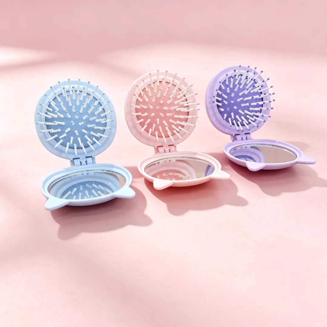 Foldable solid color comb with makeup remover mirror, portable small massage comb suitable for travel, unisex for hair styling