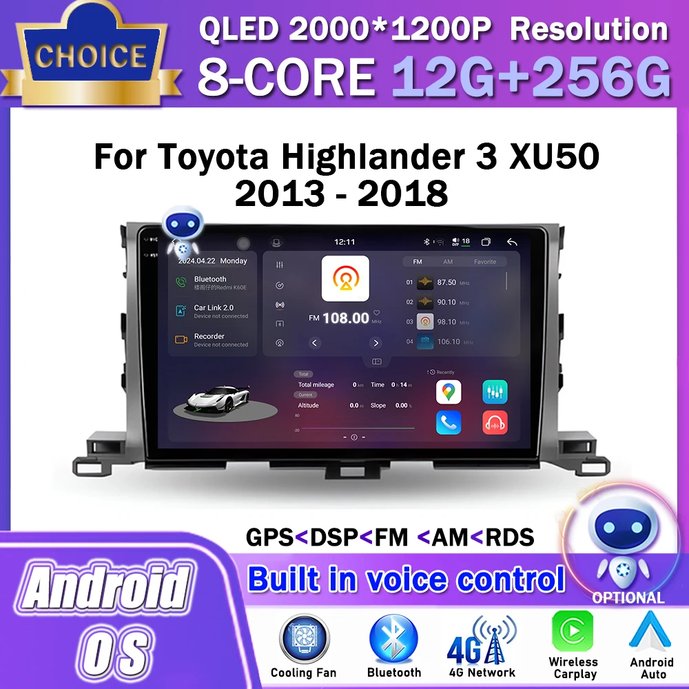 

10 inch Android OS Car Multimedia Stereo Player for Toyota Highlander 3 XU50 2013 - 2018 GPS Navigatio Wireless Carplay WiFi