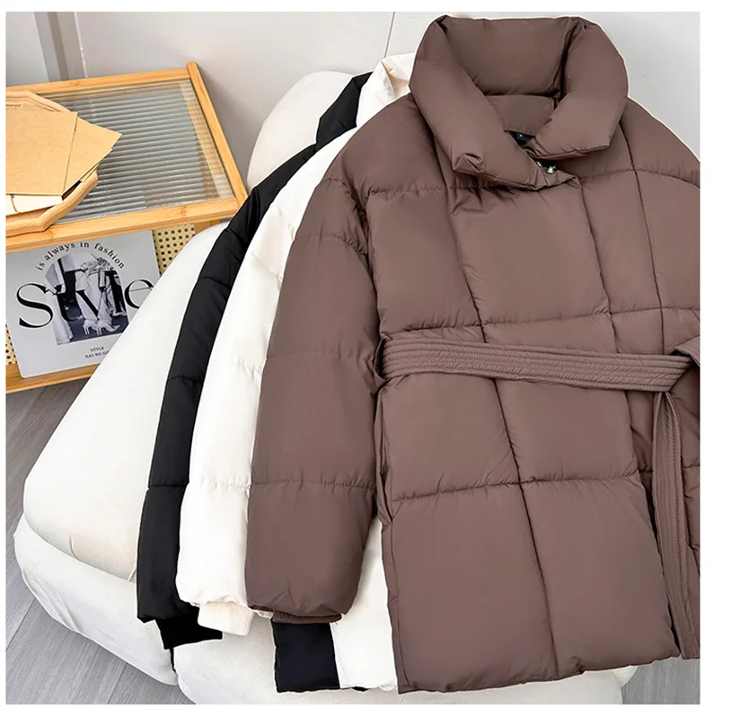 Advanced with Waist Cinching Tie Up Black Cotton Jacket Women's 2026 Winter New Korean Version Stand Collar Coat Female Parkas