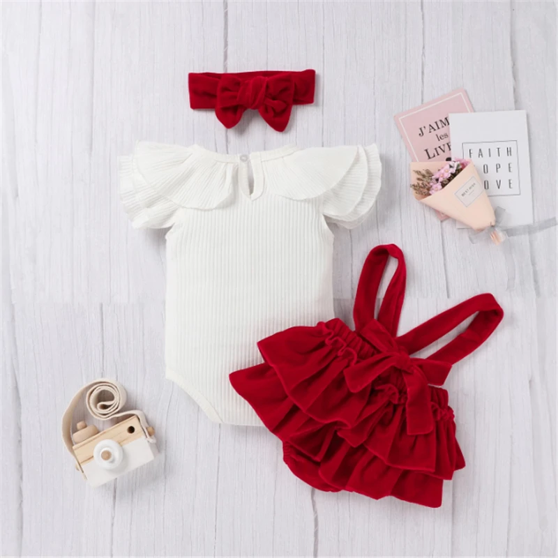 Christmas Newborn Infant Baby Girl Valentine Bodysuit+Velvet Suspender Shorts+Headband Set Newborn girl clothes