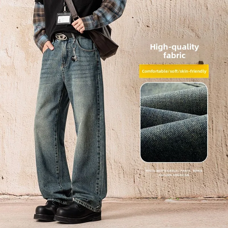 กางเกงยีนส์ฮิปฮอปสไตล์อเมริกันคลาสสิกสำหรับผู้ชาย ทรงขาบาน ขาตรง ทรงหลวมสไตล์เรโทร กางเกงยีนส์โอเวอร์ไซส์สำหรับวัยรุ่น