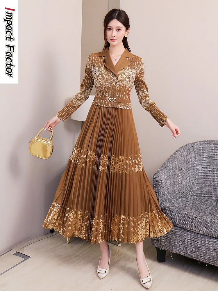 

Свободное платье Miyake, модное свободное бронзовое платье, темпераментный костюм с воротником, тонкое и тонкое элегантное длинное платье для женщин