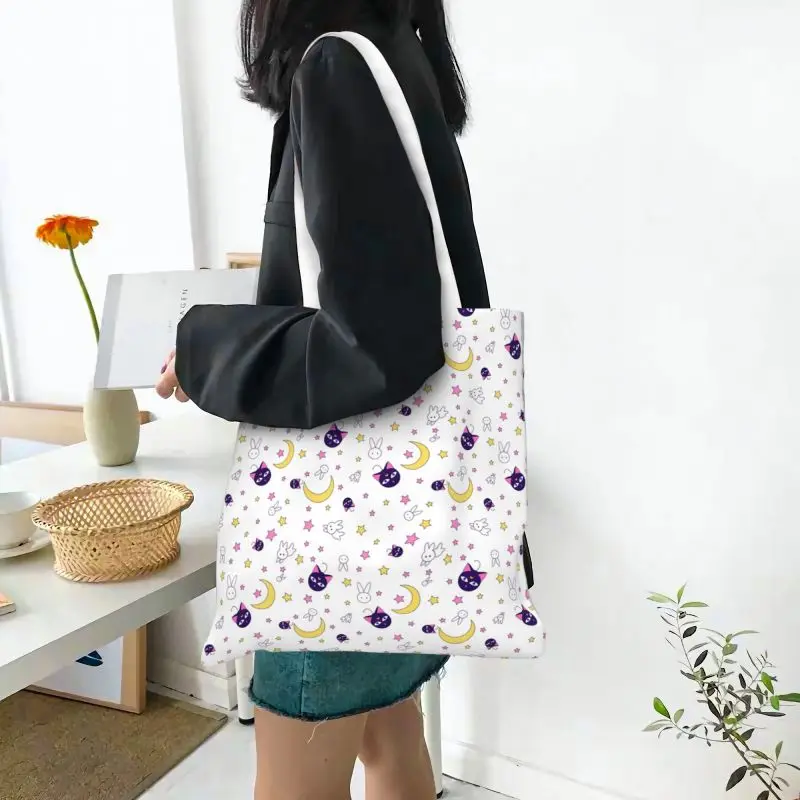 Custom Sailor Manga Usagi Tsukino Luna Moon Groceries Shopping Tote Bags Japanese Anime Canvas Shopper Shoulder Bag Handbags