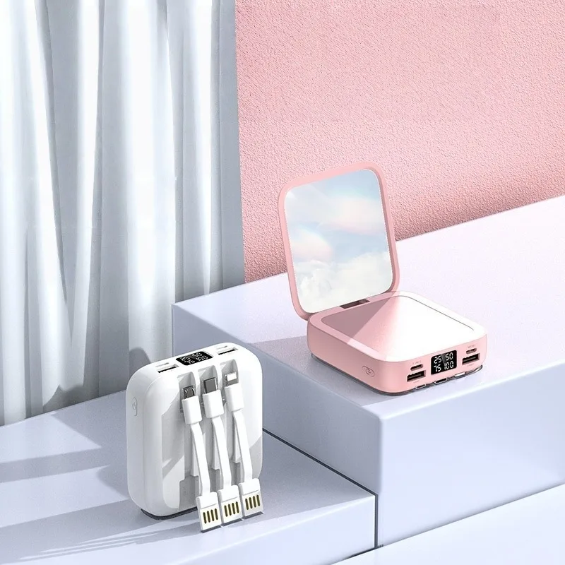 20000mAh Mini Creative Makeup Mirror Power Bank Built-in Cable Portable High-Capacity Mobile Power Supply