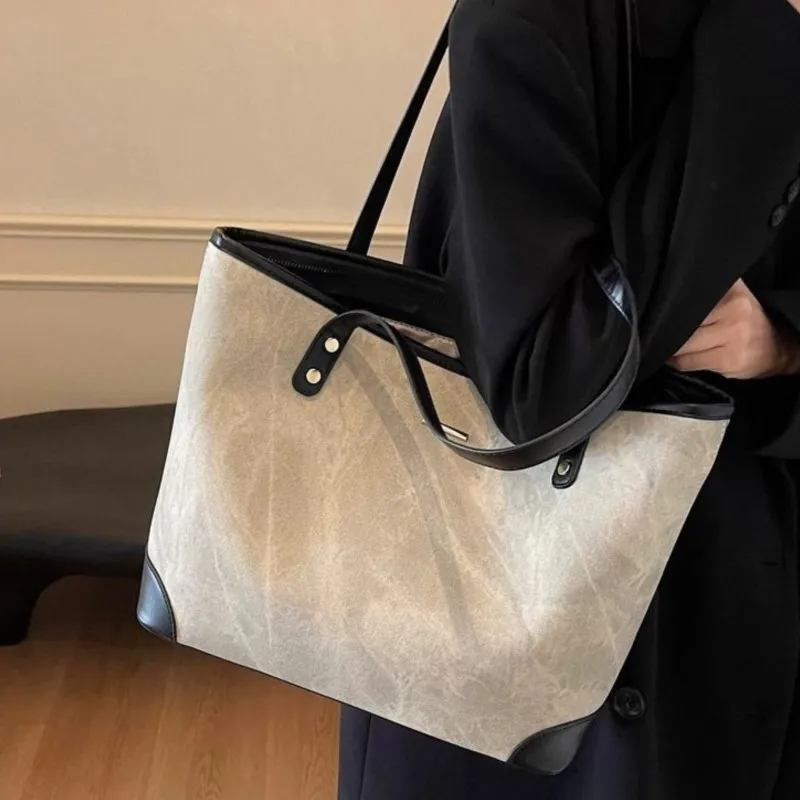 

Korean Style Beige Studded Tote Bag Women Textured Patchwork Large Capacity Shoulder Bag Ladies Casual Commuter Underarm Bag New