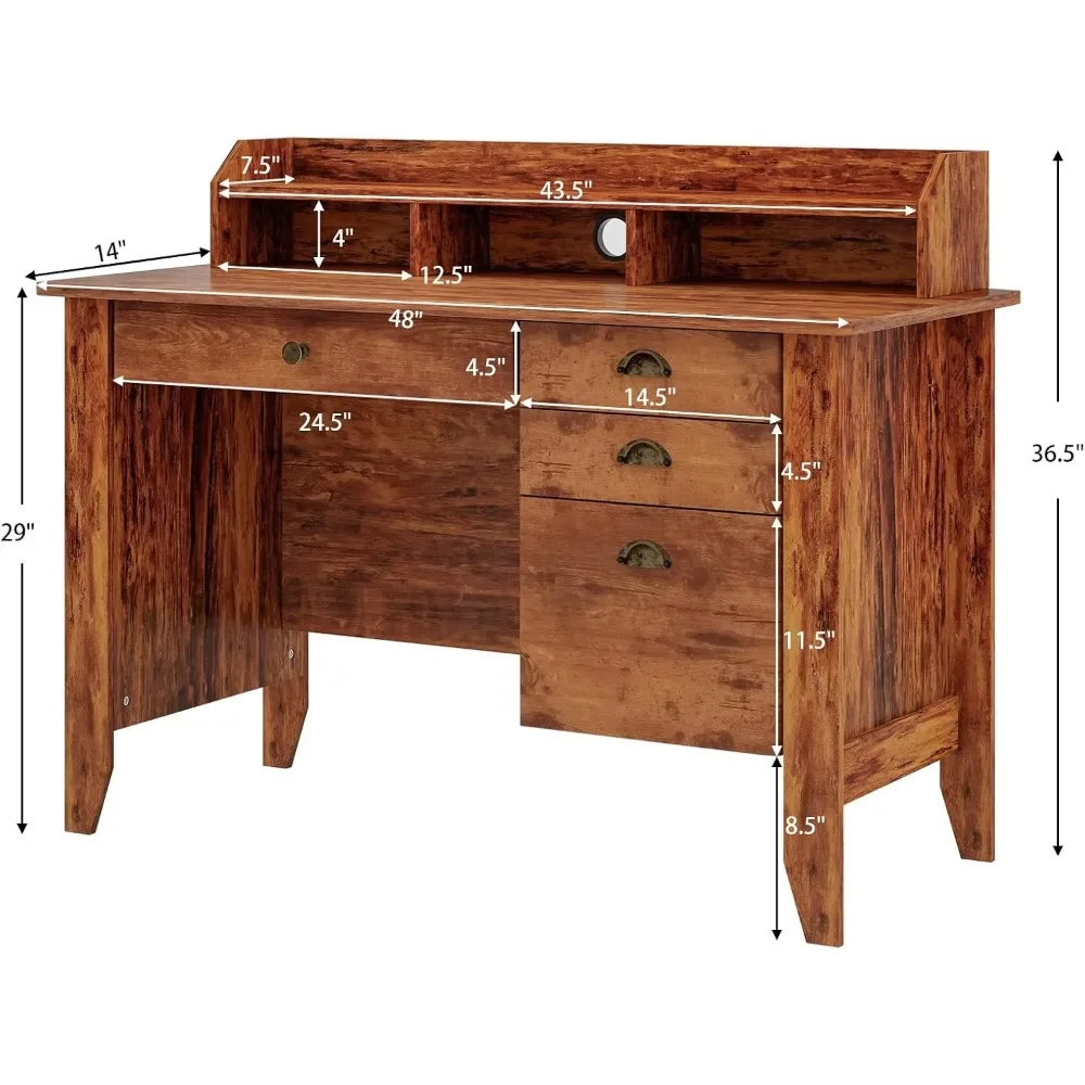 Biurko komputerowe 122 cm z 4 szufladami i półką, drewniane biurko executive na komputer stacjonarny lub laptop.