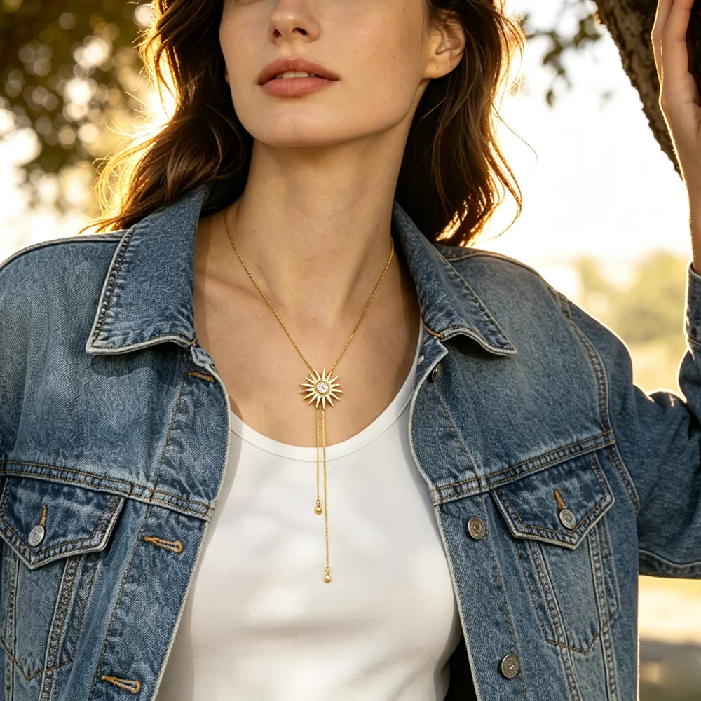 Newly launched adjustable necklace, fashionable and charming women's box chain with movable sun shining zircon necklace jewelry