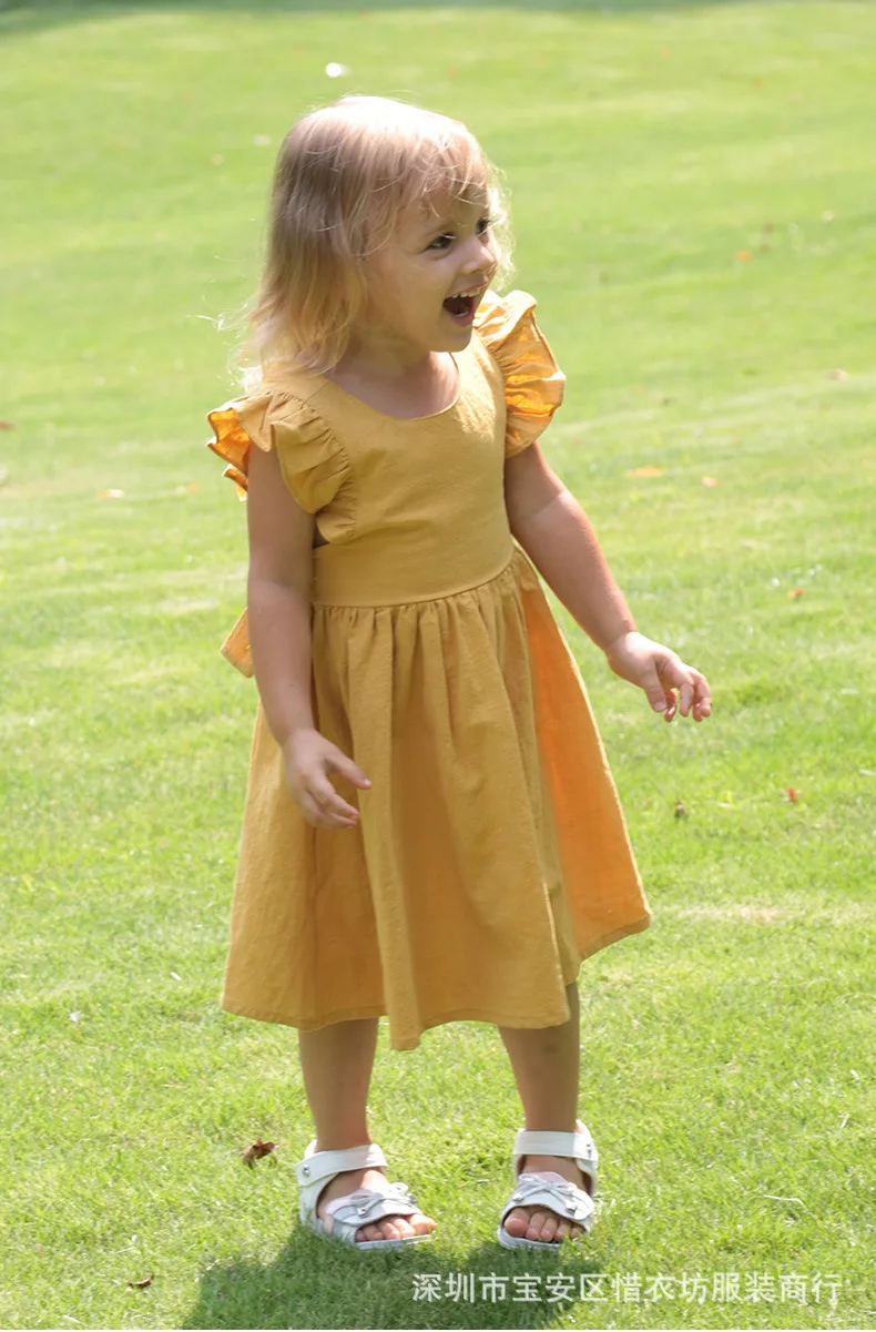 

Children's New Style Girls' Summer Dress Cotton and Linen Thin Style Baby Girl Flying Sleeves Solid Color Backless Dress