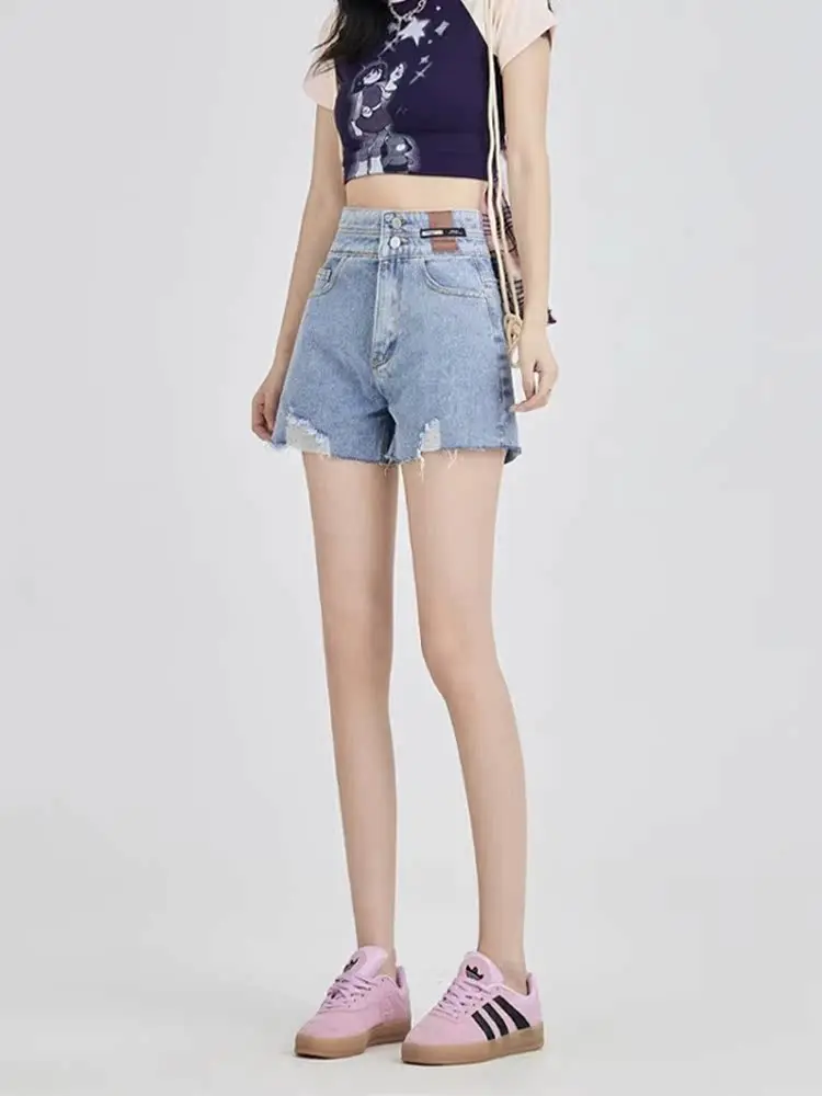

High Waist Slimming A-Line Wide Leg Denim Shorts Women's Summer Thin Retro Spicy Loose Hole Hot Pants Cotton Polyester Blend