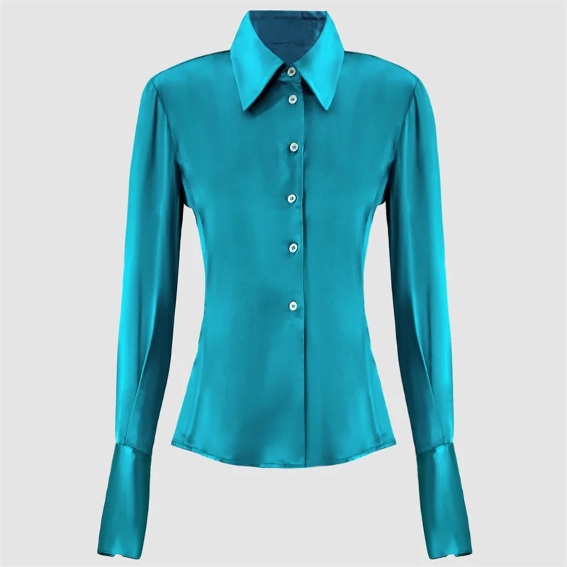 

Women's shirt 2026 summer new single breasted shoulder pad slim fit women's long sleeved top Satin glossy lapel Women's blouse
