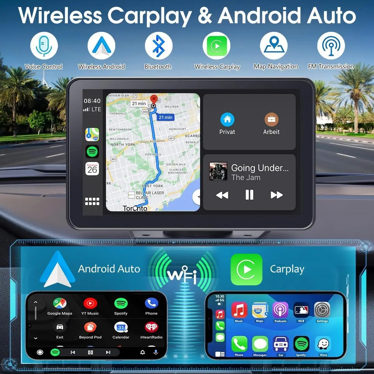 شاشة CarPlay المحسنة لعام 2025 مقاس 7 بوصات عالية الدقة محمولة مع Android Auto، Bluetooth، كاميرا احتياطية، GPS، Siri، راديو FM، AUX، MirrorLink –