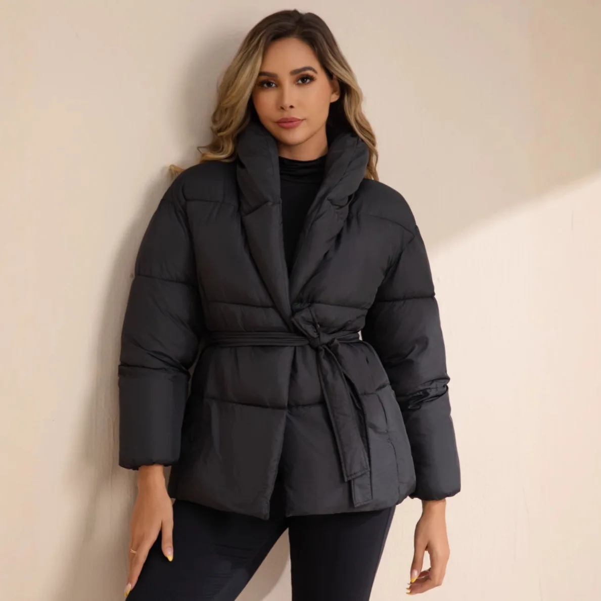 Advanced with Waist Cinching Tie Up Black Cotton Jacket Women's 2026 Winter New Korean Version Stand Collar Coat Female Parkas