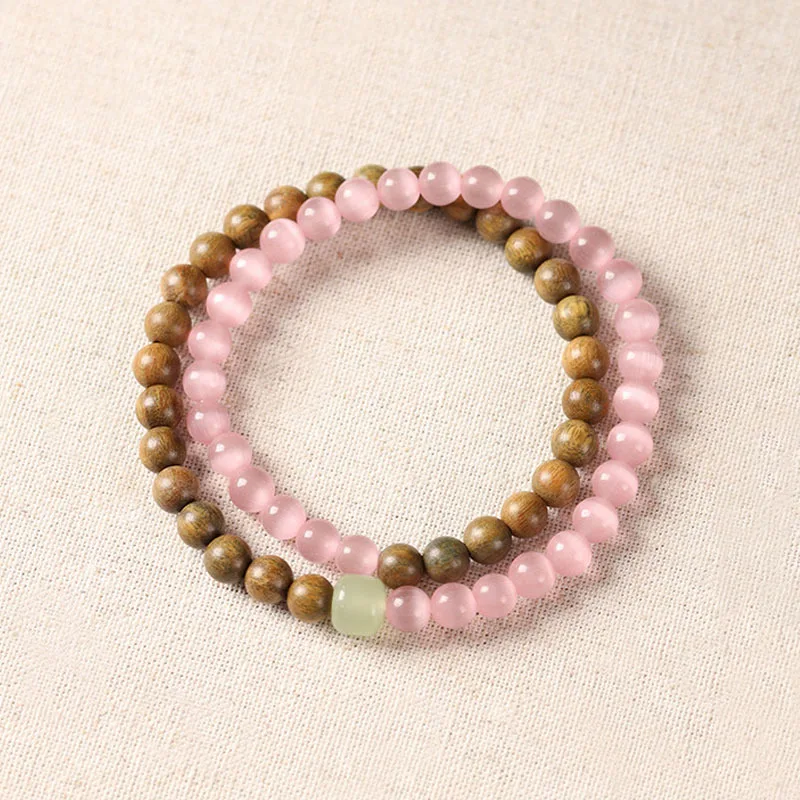 2026 Womens Double Layer Bracelet Green Sandalwood Pink Cat Eye Stone Glaze Jade Strawberry Quartz Beaded Bracelet Trendy Jewelr