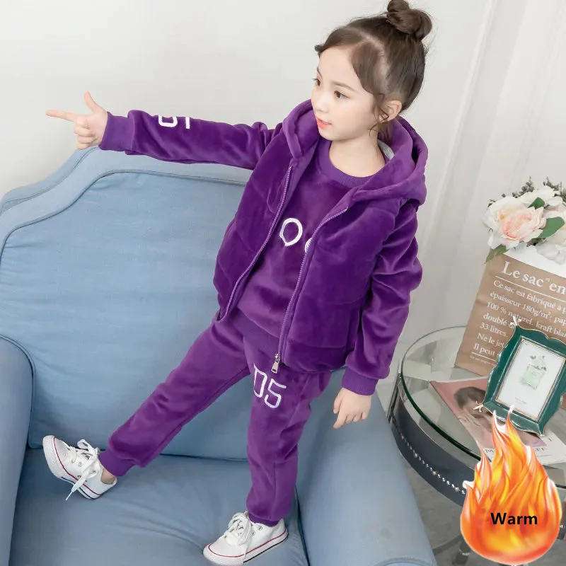 Winter Velvet Tracksuit Conjuntos Plush Lined Vest + Thick Hooded Sweatshirts + Kids Jogger Pants Suit Warm Girls 3 Piece Sets