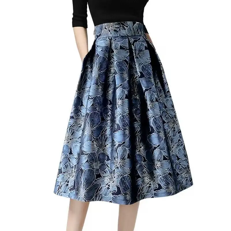 

High Waist Midi Skirt plus Size Polka Dot Print Slimming Butt Covering Summer Autumn Ci Commute A-Line Skirt Polyester Fiber