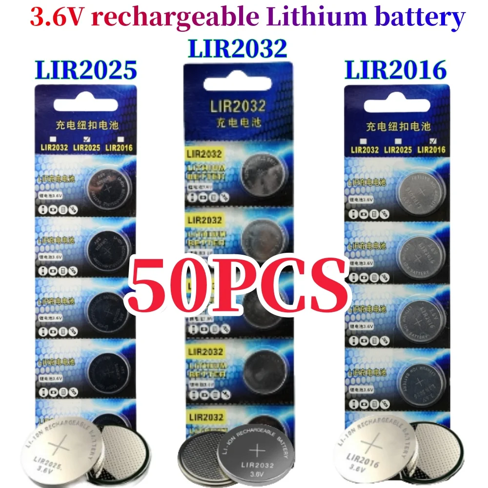 50PCS 3.6V LIR2032 LIR2016 LIR2025 Rechargeable Button Cell Batteries LIR 2032 Coin Cells CR2032 CR2025 CR2016 Watch Batteries