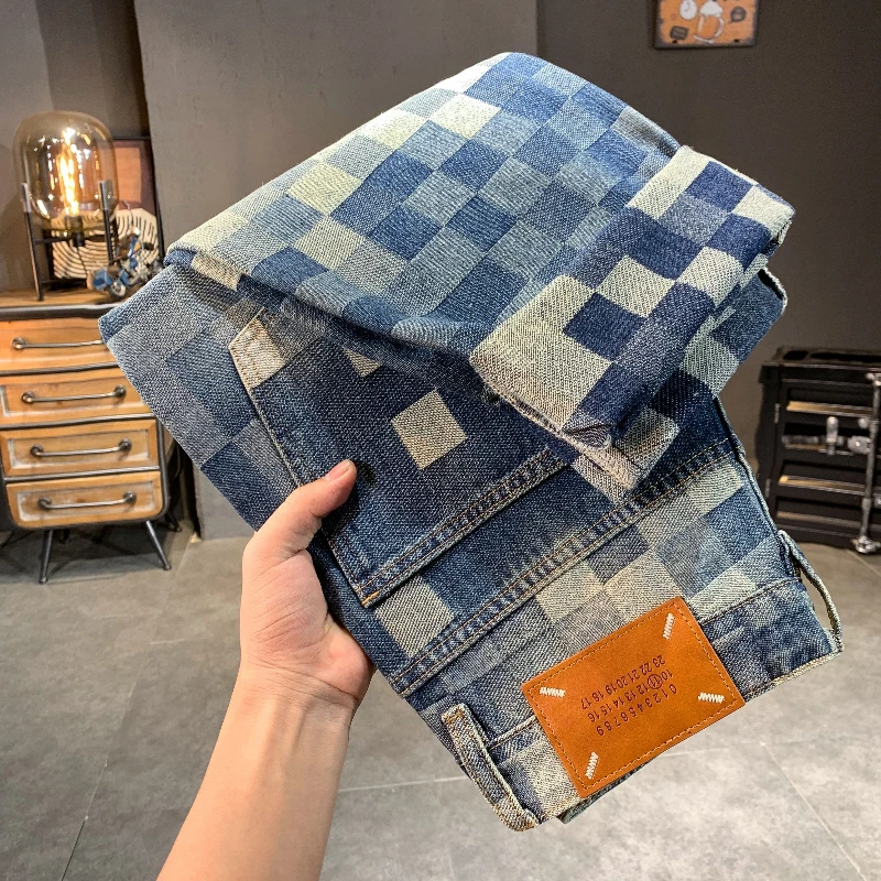 Latest Loose Straight Blue Washed Checkered Jeans with Unique Design for Men