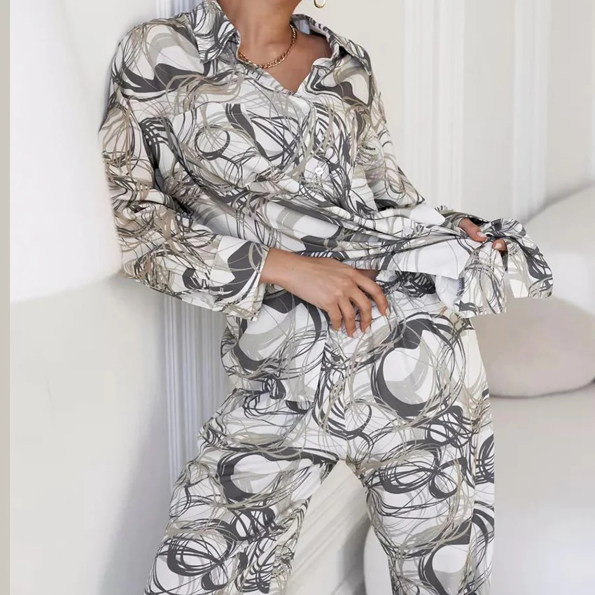 HiLoc Printed Fashion Woven Inelastic Pajamas 2 Piece Long Sleeve Lapel Single-Breasted Top Elastic Waist Full Length Pants 2026
