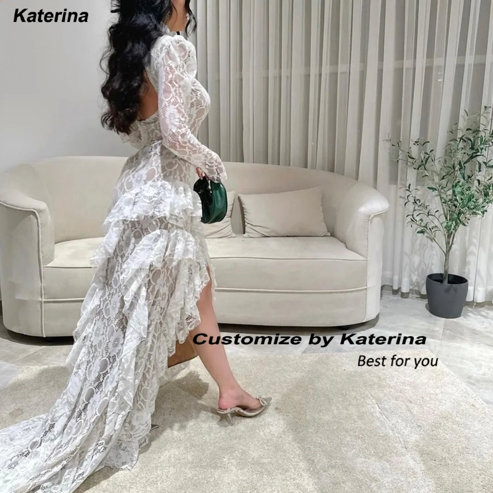 Katerina Elegante Vrouwen Mermaid Lange Mouwen Lace Prom Dresses O-hals Hi-Lo Saoedi-arabi Ë Avondjurken 2023 Formele Party jurk