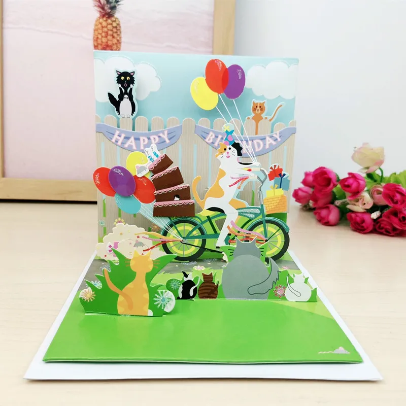 

European and American-Style Creative Animal Birthday Cake Pop-Up Card: Adorable Kittens Celebrate Birthday 3D Surprise Card