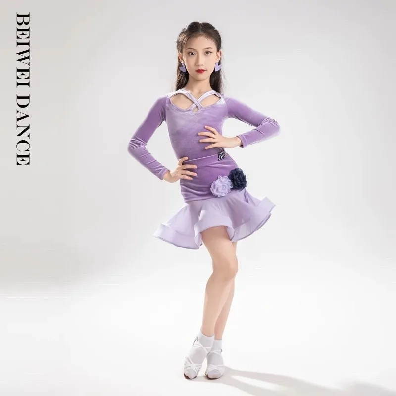 customized Girls' Latin dance dress taro purple Korean velvet contrasting color three-dimensional flower Latin practice outfit