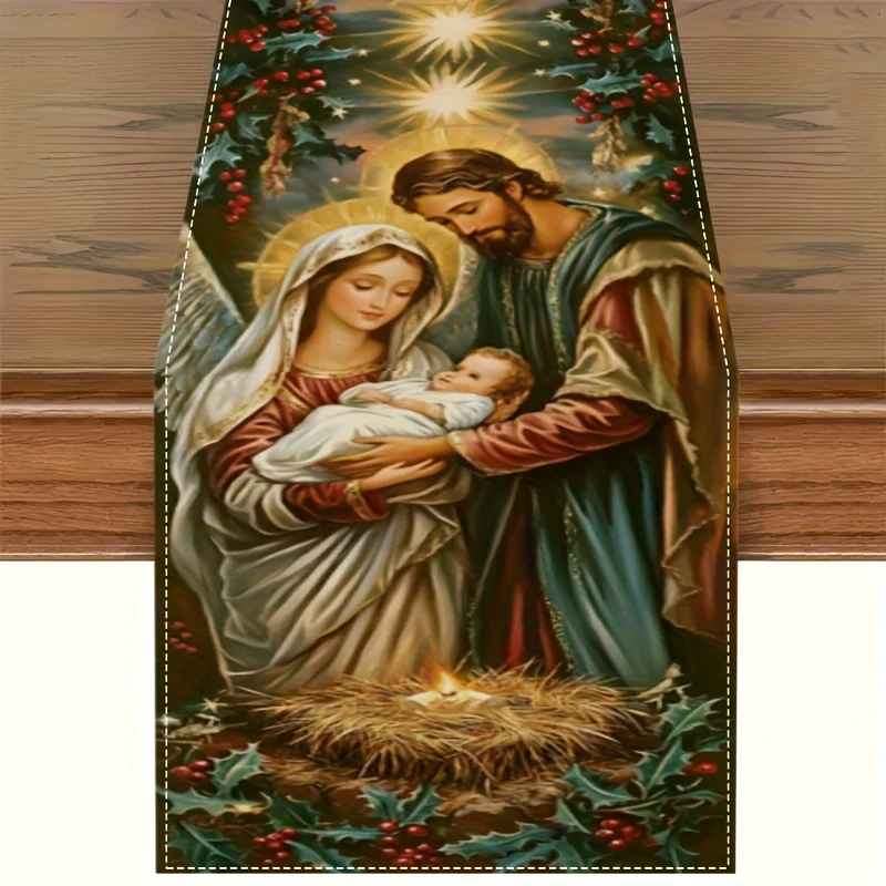 Elegant Religious Christmas Table Runner Jesus Mary Joseph Jesus Christ Design Holiday Decor for Dining Tables Rustic Home Decor