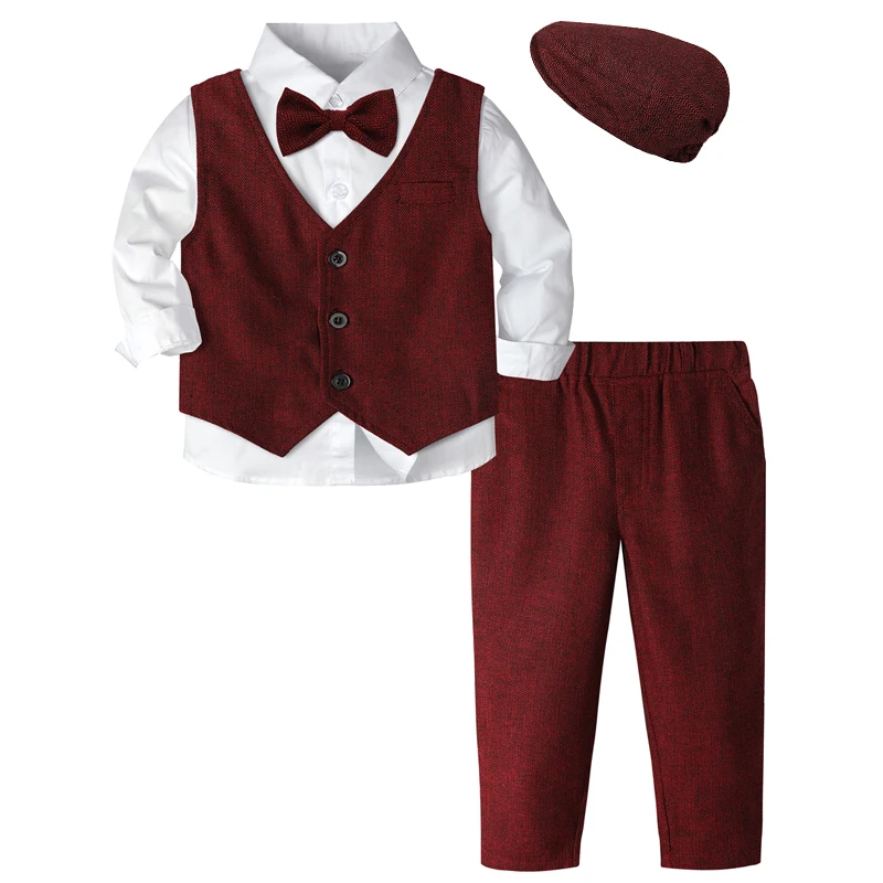 Boy Formal Clothing Set Toddler Baby Wedding Suit Sets Christening Outfit Long Sleeve Shirt Pants Bow Tie with Beret Hat 4 PCS