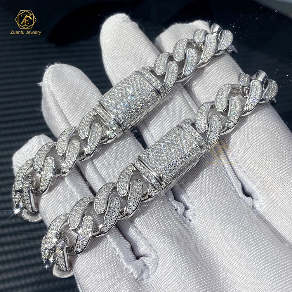 925 Sterling Silver Miami Cuban Moissanite Link Chain Hip Hop Shinning Jewelry Moissanite 8mm 10mm 12mm Cuban Link Bracelet