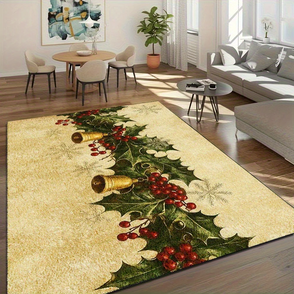 1pc Vintage Golden Christmas Bell & Holly Pattern Rug, Festive Soft Machine Washable Mat, Multiple Sizes, for Living Room