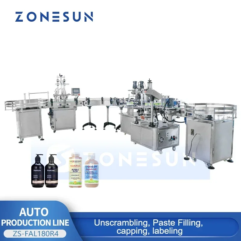 ZONESUN ZS-FAL180R4 Automatic Piston Beverage Filling Capping Labeling Machine Line With U Shape Conveyor Belt