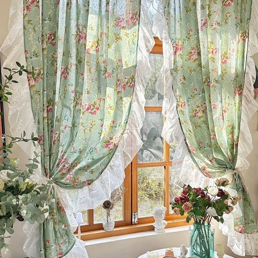 

American Vintage Window Curtains Floral Lace Country Rural Rococo Sheer Cortinas No-Drill Door Curtains For Living Room Bedroom