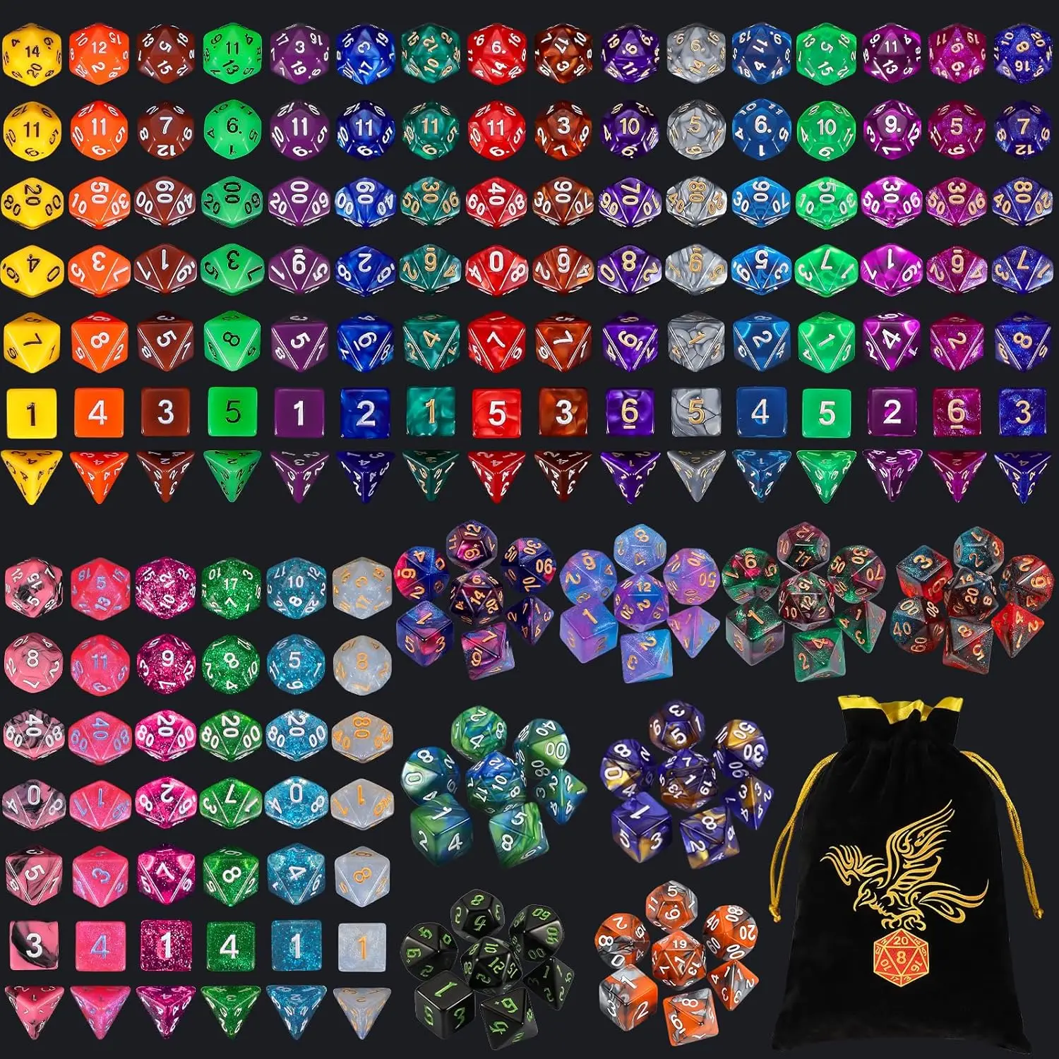 

30 Sets Polyhedral Dice for DND RPG - 210 Pieces D4 D6 D8 D10 D% D12 D20 with Drawstring Bag