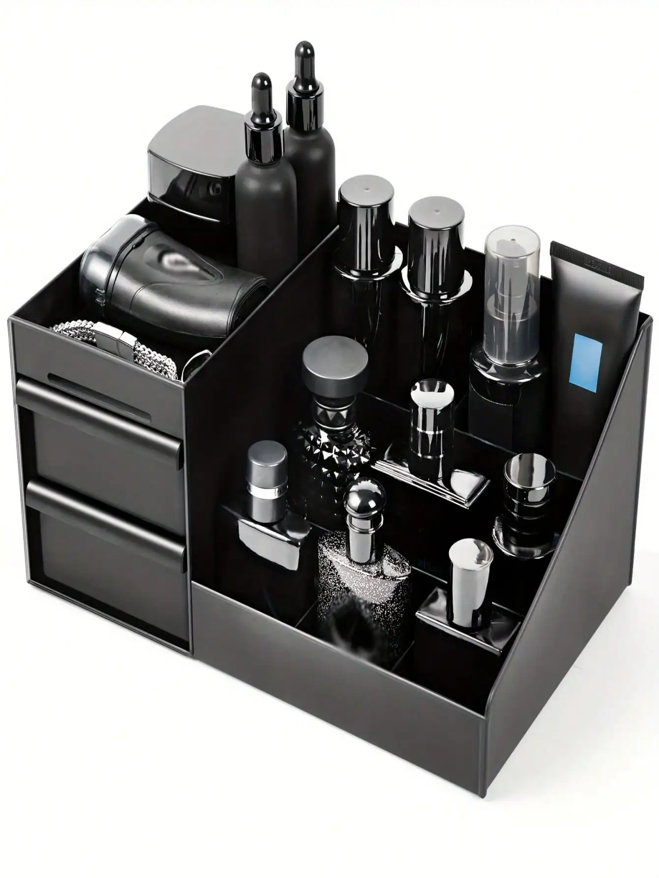 

Black Plastic Tabletop Storage Box: Adjustable Shelves, For Cologne/Skincare—Sturdy, Easy Assemble, Ideal Men's Gift.