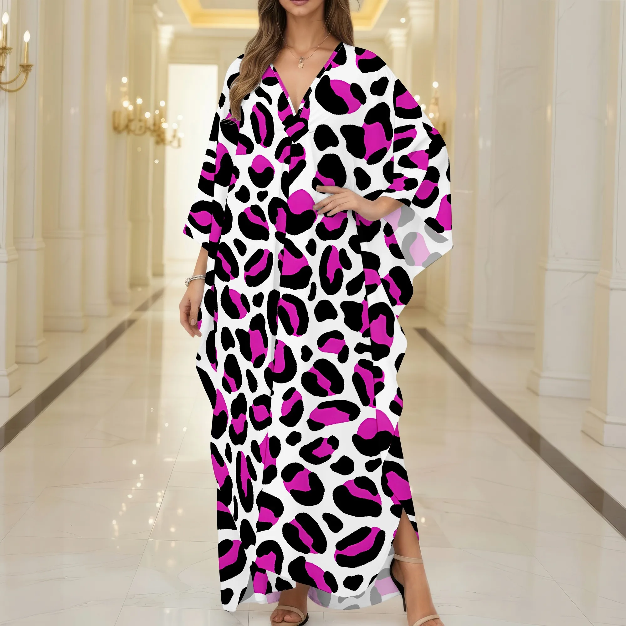 

Women's Summer and Autumn Fashion 3D Printed Leopard Print Style, V-neck Casual Home No Pocket Dress (One Size Fits All)